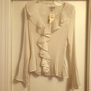 NWT White button up blouse with ruffle accents